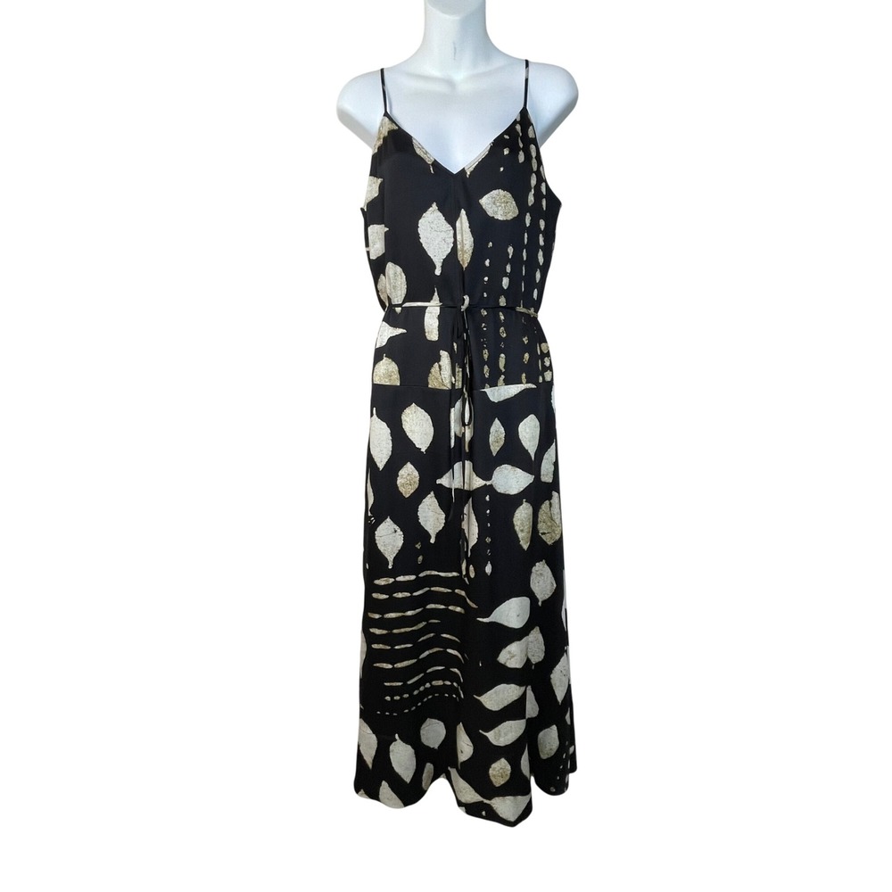 Banana Republic Black Leaf Print‎ Midi Dress Spaghetti Strap Belted XS